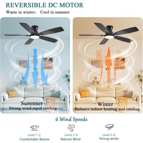 Ceiling Fans with Lights, 52 Inch Low Profile Ceiling Fan with Light and Remote Control, Flush Mount, DC Reversible Motor, Noiseless, Black 6 Speeds Ceiling Fan for Bedroom