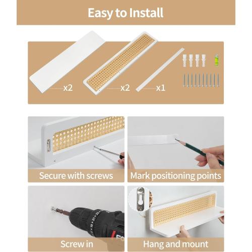 Rattan Wall Shelf 24inch Set of 2, Handmade White Floating Shelves Boho Wall Decor, Rustic Wood Wall Mounted Storage Shelves for Living Room Nursery Bedroom