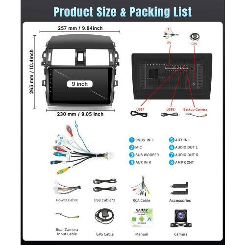 Android Car Stereo for Toyota Corolla 2009 2010 2011 2012 2013 Wireless Carplay Android Auto, 2 32G 9 inch Touch Screen Radio Bluetooth Car Audio Receivers in Dash GPS WiFi Mirrorlink SWC