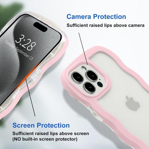 Pink Anuck for iPhone 15 Pro Case Wavy Edge Clear Back Design, Anti-Slip Grip Cute Wave Curly Frame Shape Shockproof Soft TPU & Hard Bumper Protective Phone Case Cover for Women Girls, Pink