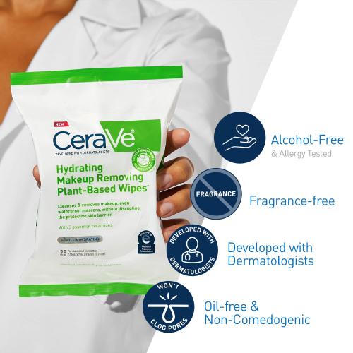 2pk CeraVe Makeup Remover Wipes, Plant Based Face Wipes, Biodegradable in Compost, Waterless Face Wash, Travel Essentials for Women, Suitable for Sensitive Skin, Fragrance-free   Non-comedogenic,