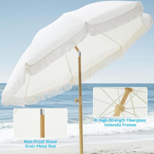 7FT Boho Patio Umberlla with Fringe,UPF50  Outdoor Umbrella with Fiberglass Ribs and Push Button Tilt,Tassels Umbrella for Beach,Terrace,Picnic