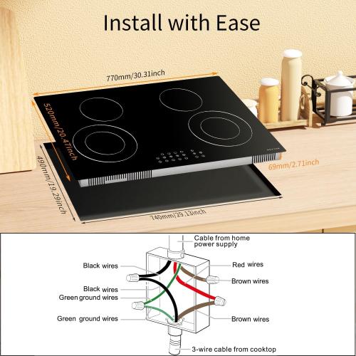 Noxton 30 Inch Electric Cooktop 4 Burners, Built In, Sensor Touch, Expandable Burners, Pause, Safety Lock, Timer, 7100W 220240V