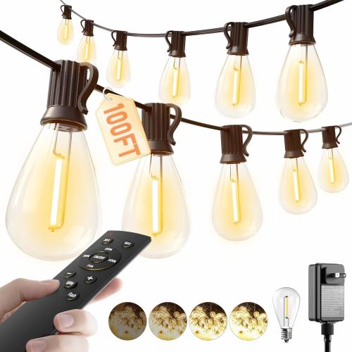 luckystyle 100FT LED Outdoor String Lights with Remote, 35  1 Shatterproof Bulbs Waterproof and Dimmable Patio Lights for Porch, Garden, Backyard, Deck, Balcony, 2700K Hanging Lighting