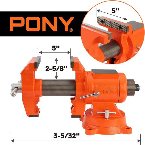PONY Heavy Duty Bench Vise, 5-inch Jaw Width and Opening, 360-Degree Swivel Base With Anvil, Utility Combination Pipe Home Vise for Woodworking, One-Pair Vise Jaw Pad Included