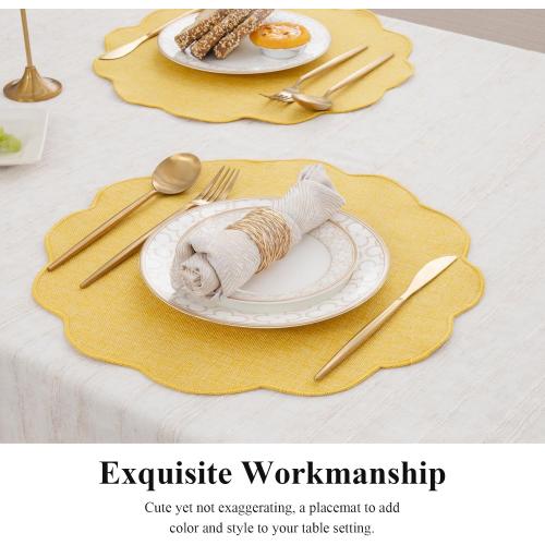 SHACOS Scalloped Round Placemats Set of 6 Polyester Linen Blend 15 inch Washable Non Slip Place Mats Easy Clean Heat Resistant Table Mats for Kitchen Dining Table Decor, Yellow