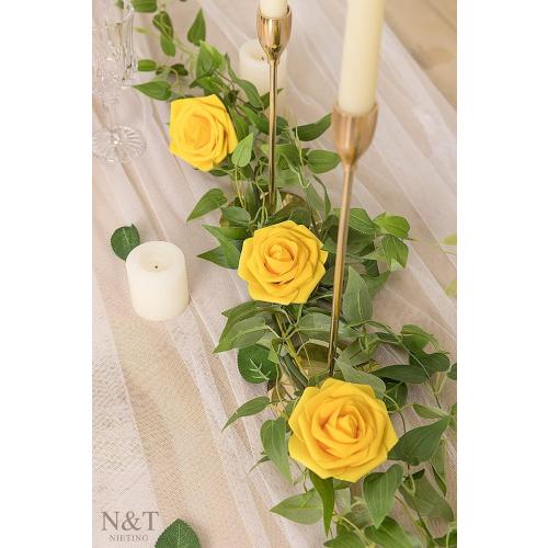 N&T NIETING Artificial Flowers, 25Pcs Fake Flowers Fall Roses Perfect for DIY Wedding Bouquets Centerpieces Bridal Shower Party Home Flower Arrangement Decorations, Gold