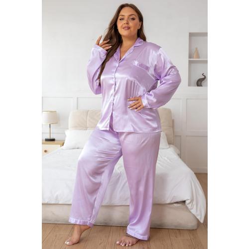 Vozanet Women's Plus Size Button Down Pajama Sets Satin Silky Long Sleeve Long Pants Sleepwear Loungewear Nighty XL to 5XL