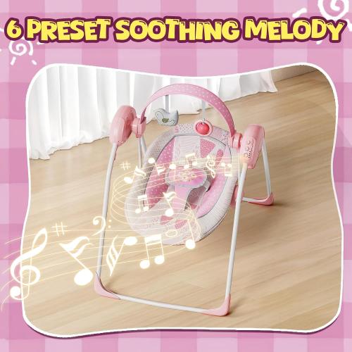 Portable Baby Swing, Pink Electric Infant Swing with 5 Speed Levels, 6 Songs & Timer   Battery-Powered Only (No Batteries Included) Pink and White