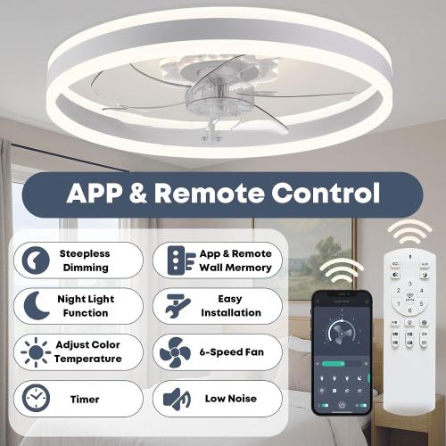 Fszdorj 23.6'' Ceiling Fan with Light, Upgraded Low Profile Fan, Flush Mount Ceiling Fan, 6 Speeds, Dimmable LED, App & Remote Control, Quiet DC Motor, for Bedroom, Living Room, F105 White N