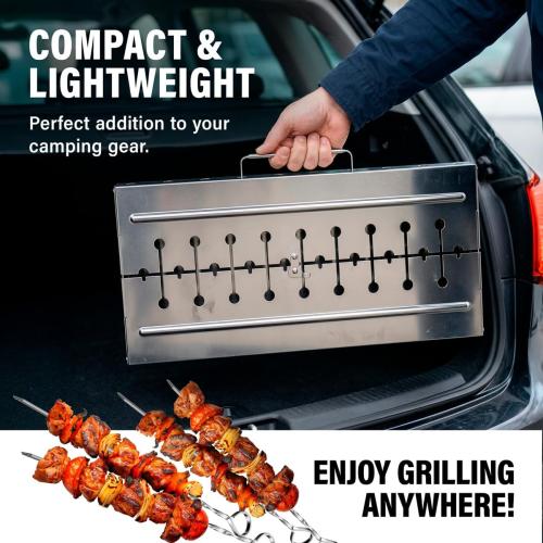 Stainless Steel Charcoal Grill for 12 Skewers – Portable BBQ 24.80×9.45×25.2 – Foldable Kabob Mangal – Heavy-Duty Rustproof Grill for Outdoor (Skewers Not Included)