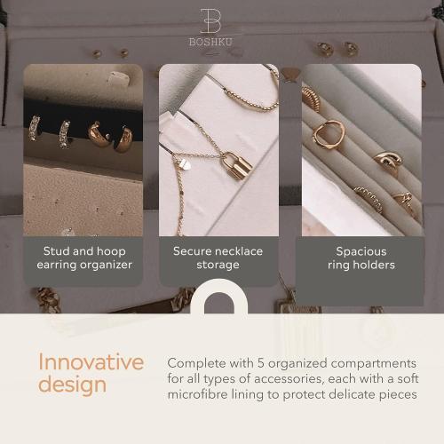 Travel Jewelry Organizer Jewelry Box – Luxurious, Compact Jewelry Travel Organizer w/ Necklace Holder, Earring Organizer, Ring Holder, Hidden Compartments Jewelry Roll Case w/ 5X Capacity! (BLACK)