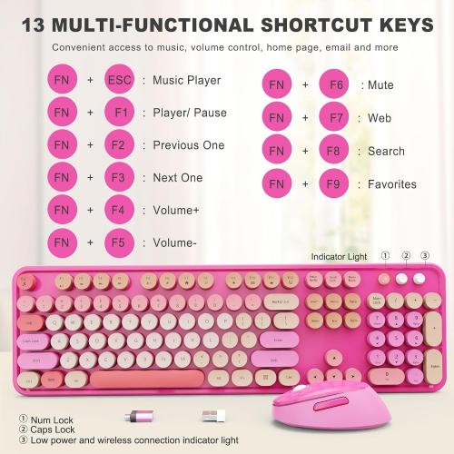SkyGive Wireless Keyboard and Mouse Combo, Ergonomic Full Size Typewriter Retro Round Keycaps Keyboard, Compatible with Windows, PC, Perfer for Home and Office Keyboards （Red）