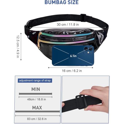 LIVACASA Holographic Fanny Packs for Women Cute Black Waist Packs Shiny Waist Bum Bag Waterproof for Travel Party Festival Running Hiking All Black