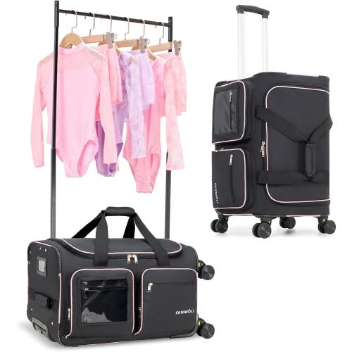 Fanwoli 23 Dance Bag with Garment Rack 4 Wheels | Detachable 360° Wheels | Ultra-Light Collection | Ideal Competition Duffle Bag for Dream, Black with Pink Trim