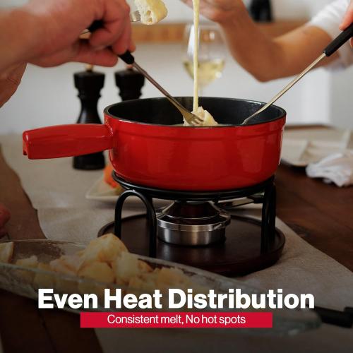 Swissmar Ticino Cast Iron Fondue Set with Enameled Interior, 2L / 2 QT – 9-Piece Cheese & Chocolate Fondue Pot with Forks, Burner & Beechwood Base – Perfect for Family Gatherings & Gift Giving – Red