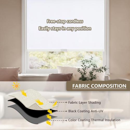 Cordless Blackout Roller Shades Blinds for Windows Free-Stop,Pull Down Room Darkening with Valance,Thermal Insulated Woven Fabric Window Door Blinds for Home,Office,White 49 W x 72 L