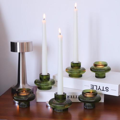 VOHO Green Candle Holder Decor for Dining Table Centerpiece, Ribbed Taper Candle Holders Versatile for Candle Sticks and Tea Lights Candles, Holiday Candlestick Holders Gifts for Friends(Set of 4)