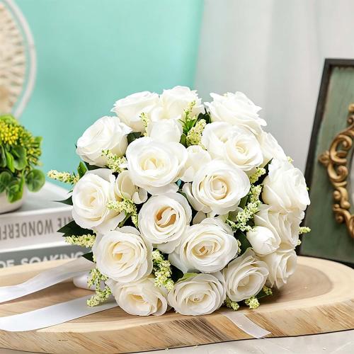 CYANLUX Wedding Bouquets for Bride Bridesmaid Bouquet Champagne White Artificial Roses Flowers for Wedding Valentine's Day Church Home Decoration (1#White)…