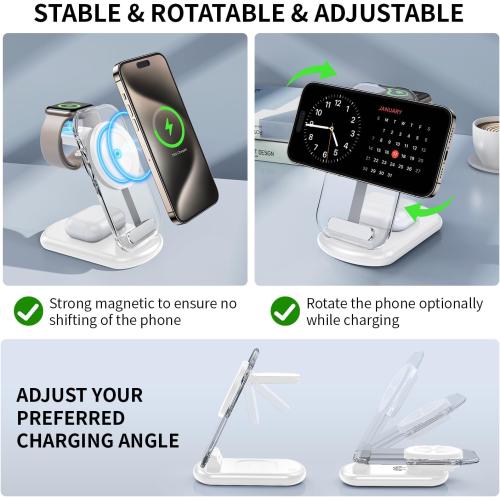 RYND 2026 Traveling Wireless Mag-Safe Fast Charging Station | Magnetic 3 in 1 Charger with Light for iPhone 17 16 15 14 13 12 Pro Max Plus,Apple Watch& Air pods 4 3 2 Pro(White)