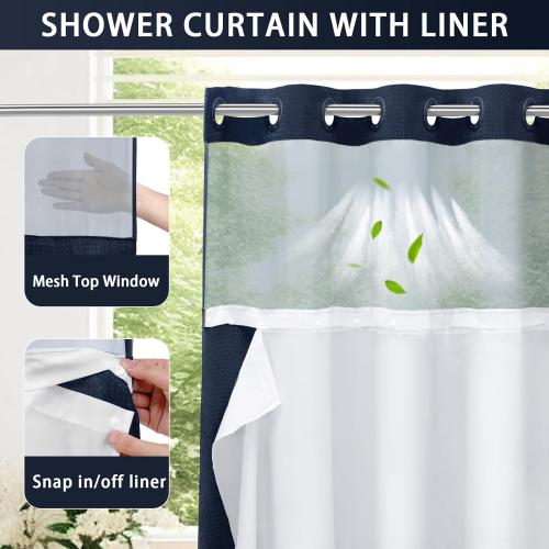 75x72 Navy Blue YellyHommy No Hook Shower Curtain with Snap in Liner Set Less Time Navy Blue Waffle Shower Curtain for Bathroom 75 L x 72 W