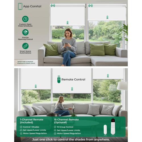 Allesin Motorized Roller Blinds with Remote Control for Windows, Blackout Automatic Smart Shades,Dry Battery Powered Electric Blind (White 34 W x 72 H)