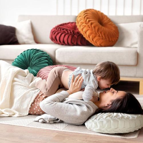 Round Throw Pillow Velvet Home Decoration Pleated Round Pillow Cushion for Couch Chair Bed Car Light Blue