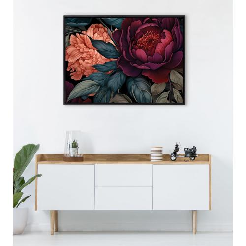 Kate and Laurel Sylvie Dark Academia Floral in Rich Jewel Tones Framed Canvas Wall Art by The Creative Bunch Studio, 31.5x41.5 Black, Modern Colorful Flower Art for Wall