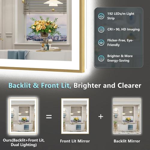 28x36 Gold LED Bathroom Mirror with Lights, Brushed Gold Framed Backlit and Front Lit Anti-Fog Lighted Vanity Mirrors for Bathroom Wall, Dimmable, 3 Colors, Memory, HD Tempered Glass, CRI＞90