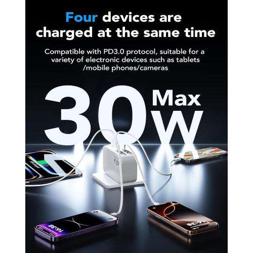 4-in-1 Retractable Gan Wall Charger Plug for iPhone 17 USB C,Travel Essentials Brick Multiport,3ft Lightening  Type C Cables,40W Fast Charging Foldable Block for iPhone 17 Pro/16/15/14/13,iPad,Galaxy