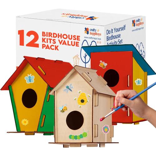 12 DIY Bird House Kits For Children to Build - Wood Birdhouse for Kids to Paint - Unfinished Bird Houses for Kids - Wood Craft Project Kits - Wooden Arts & Craft for Girls & Boys - Classroom Activity
