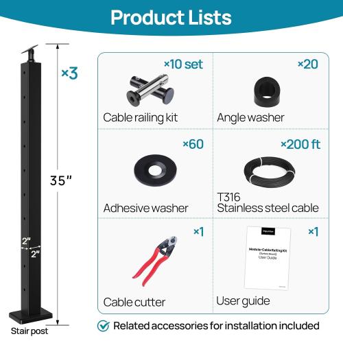 Size 36 Complete Set 10-15FT Stair Cable Railing System Black Stainless Steel Stair Railing Post Kit with Adjustable Top for 25-35 Degrees No Handrail for Indoor Outdoor Deck Stairway DIY HU02