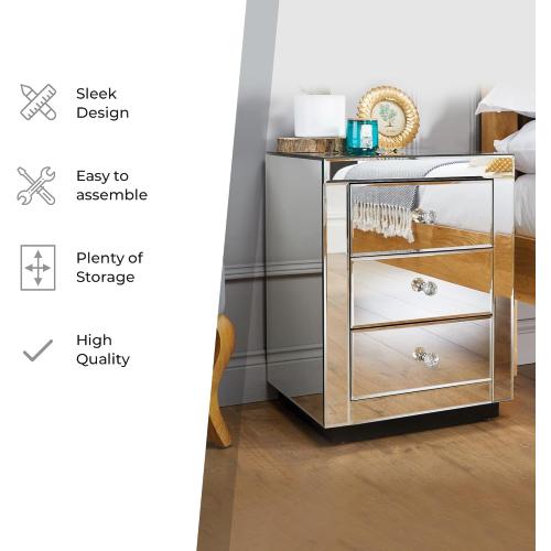 Furniturebox Italian Mirrored Nightstand - 3 Drawers Stunning Finish Bright Modern Bedside Table (the glass on the top is broken,  see the pictures)