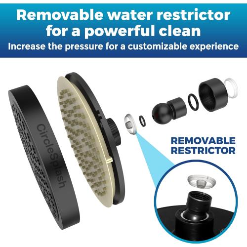 High Pressure Shower Head - Anti-Clogging Silicone Nozzles - 2.5 GPM Removable Restrictor - Easy to Clean Adjustable Replacement - easy to install with Plumbers Tape - 6 inch - Matte Black Finish