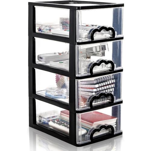 Desktop Organizer with 4 Drawers, Clear Plastic Storage Drawer Unit, Small Desk Organizer Storage Box, Durable Storage Bin Container Case for Countertop Stationery Pens Makeup Office Supplies
