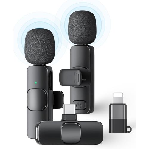 2 Pack Wireless Lavalier Microphone for iPhone iPad and Android Phone, Lapel Mic Plug and Play Wireless Mic Noise Reduction Mini Microphone for Video Recording Interview Podcast Vlog YouTube Tiktok