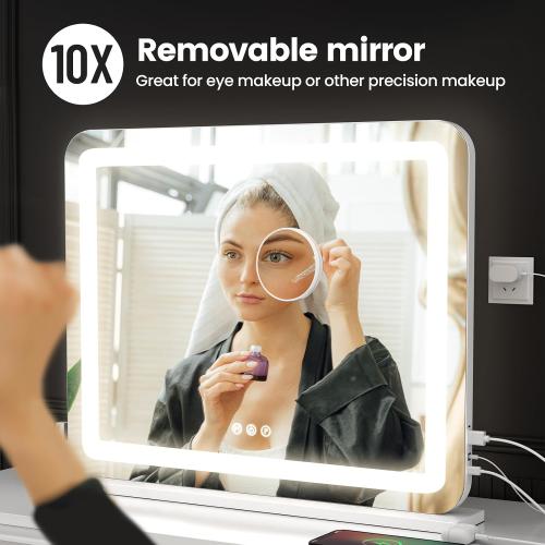 Vanity Mirror with Lights, 23x 18 Large LED Lighted Mirror with Detachable 10X Magnification & 3 Colors Modes, and USB Charging Port for Vanity Desk Tabletop (White, 23 * 18)
