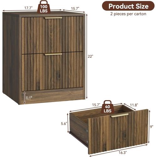 Set of 2 Walnut Nightstand with 2 Storage Drawers, Modern Fluted Night Stand Bedside Table, Bed Side End Table with Golden Handles for Bedroom, Walnut