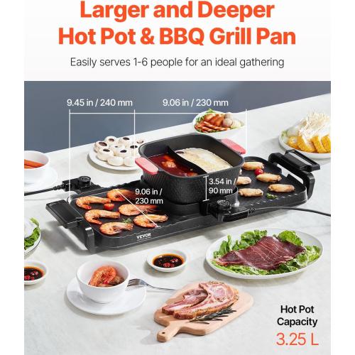 VEVOR Hot Pot with Grill, 2300W 2-in-1 Electric Smokeless Grill and Hot Pot, Removable Shabu-shabu Hotpot with Non-stick Pan, Separate Dual Temperature Control, Indoor Korean BBQ for 1-6 People