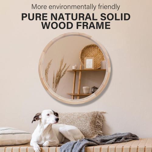 CONGUILIAO 24Inches Round Mirror Wood Wall Mirrors Decorative Circle Mirror, Nature Big Bathroom Large Vanity Mirrors for Living Room Bedroom Entryway Farmhouse