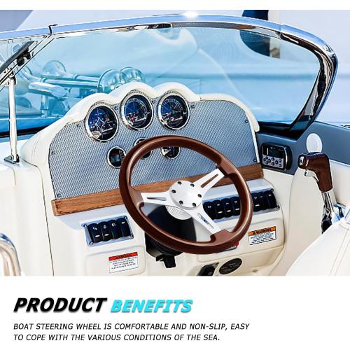 13.8 Boat Steering Wheel with 3/4 Tapered Shaft, 6 bolts Wood Grain Classic Nostalgia Boat Steering Wheel for Seastar and Verad, for Marine Boats, Yacht,Vessels,Pontoon Marine-Mirrored-silver