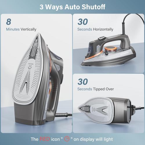 Steam Iron for Clothes with LCD Screen, 1700W Iron Non-Stick Ceramic Soleplate, Auto Shutoff, Self-Cleaning, Anti-Drip, Steam Burst, Spray Mist 10.14oz Water Tank Ironing Clothes for Home,Grey
