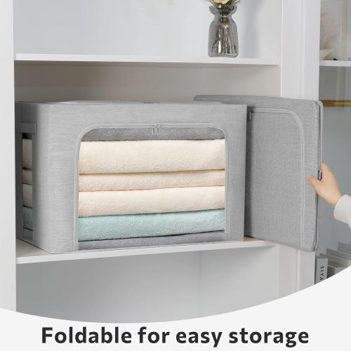 FHSQX 2 Pack Clothes Storage Bins Stackable Metal Frame Storage Box Large Capacity Foldable Linen Fabric Box Organizer with Carrying Handles and Clear Window (Light Gray, 19.7x 15.7x 12.6 Inch)