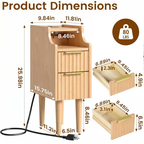 Fluted Narrow Nightstand with Charging Station, Solid Wood Night Stand with 2 Drawers, Natural Mid Century Modern Led Nightstand, Small Beside Table with Open Storage Shelf for Bedroom （10 inch）