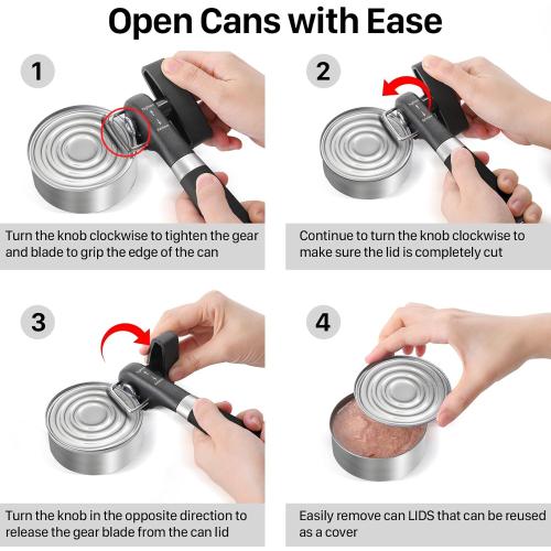 Can Opener, Safe Side Cut Manual Can Opener with Durable Sharp Blade, Smooth Edge Cutting, Effortless Big Knob, Comfortable Grip Handle, Black