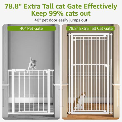 78.8 Extra Tall Cat Gate, 28.3-33 Wide Safety Metal Cat Door, Pressure Mounted Easy Walk Through Pet Gate with Door for Stairs, Doorways, Kitchen (White)