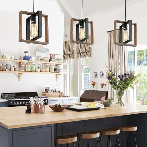 Black Pendant Lighting Modern Pendant Light, Adjustable Pendant Light Fixture,Pendant Lights Kitchen IslandLight (2 Packs Wood Metal Pendant Light)