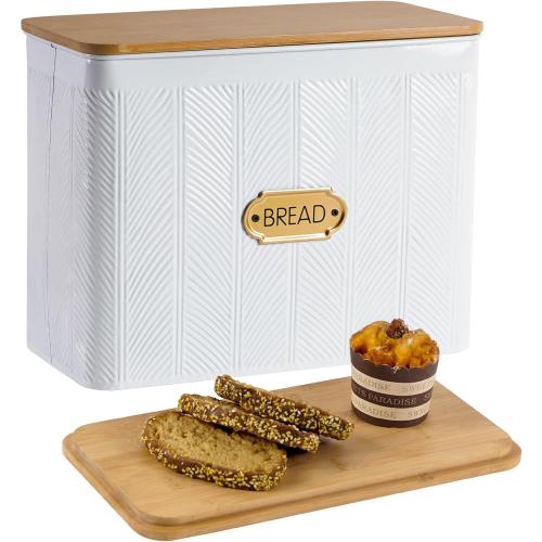 Extra Large Bread Box for Kitchen Countertop Corner Breadbox for Homemade Bread Metal White Diagonal Stripe Pattern Embossed Storage Container Bin with Bamboo Lid Fits 2 Loaves of Bread