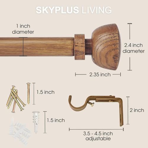 Faux Wood Style Curtain Rod Set with Wood Grain Round Finial, 36-72 inch, Standard Single Drapery Rod for 1 Pack, 1 inch diameter, Adjustable Length