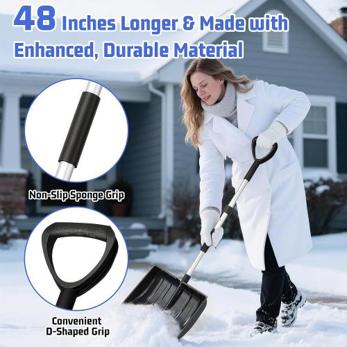 Snow Shovel for Driveway Car Garage, 47 Inch Portable Lightweight Snow Removal with D-Grip Handle, Non-Slip Sponge and Durable Aluminum Blade for Garden Car Camping Outdoor (Black)